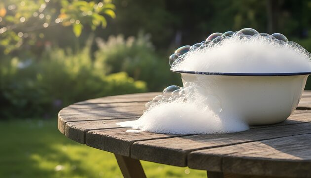 White enamel basin filled with soapy water overflowing with white foam bubbles outdoors on wooden table for eco friendly cleaning concept in garden light
