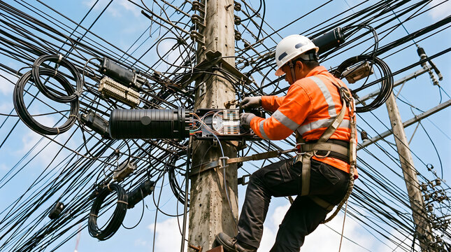 Utility Worker Lineman Repairing Complex Network of Overhead Power and Data Lines.