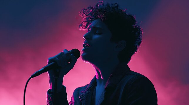A person sings into a microphone with dramatic lighting.