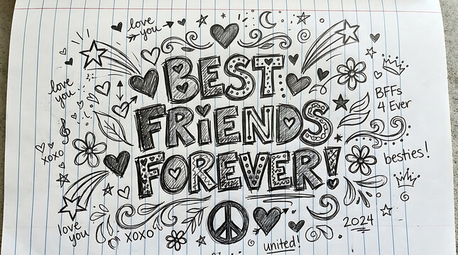 Hand-drawn best friends forever doodle on paper. Close-up illustration of BFF hearts and handwritten loyalty message.