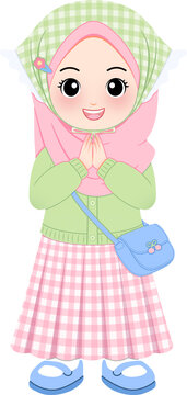 cute muslim girl illustration with salam or greeting gesture