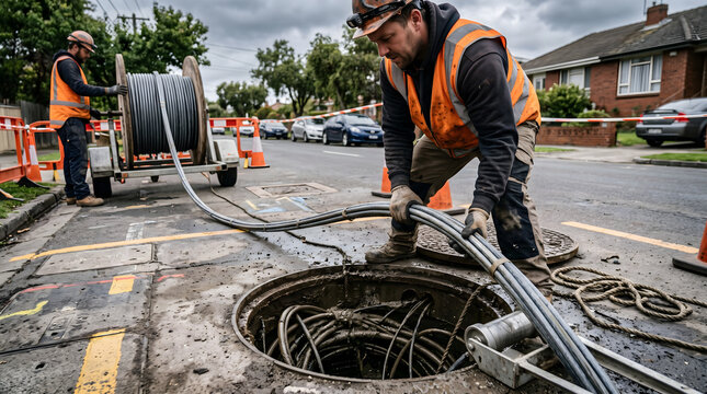 Workers installing underground fiber optic cables in a residential street.