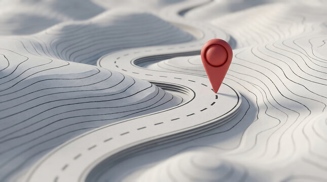Road winding through topographic terrain highlights a journey with a bold red navigation marker.