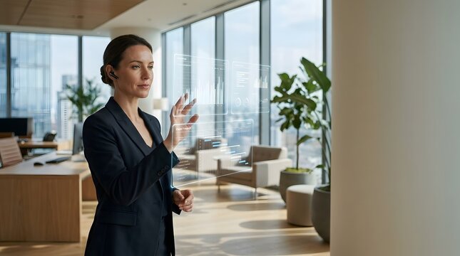 Businesswoman interacting with holographic financial dashboard in modern office