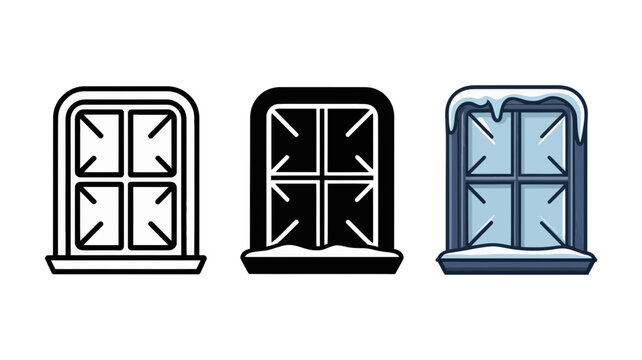 Winter window icon set, snowy glass frame vectors, cold weather house symbols Editable Vector