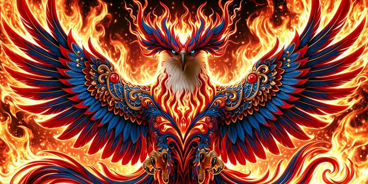 Ornate Phoenix Spreading Red and Blue Wings Amid Raging Flames