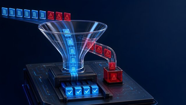 Automated data filtering funnel separating cyber threat documents from secure verification cubes representing compliance