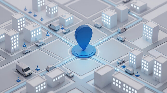 Map pin stands centrally within a stylized isometric grid of city blocks and roads.
