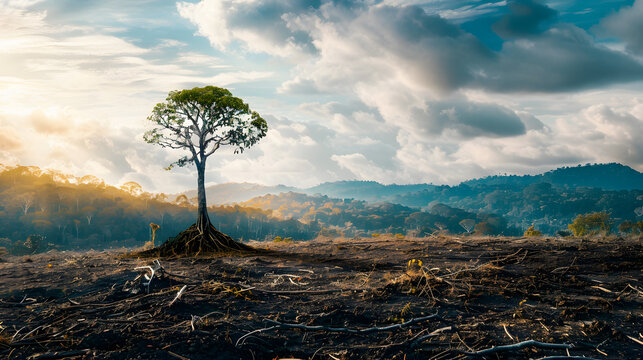 Environmental impact, Deforested land with lone tree showing environmental impact, climate change and ecosystem loss concept