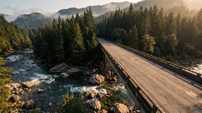 Scenic bridge over a rushing river in a lush evergreen forest at sunrise