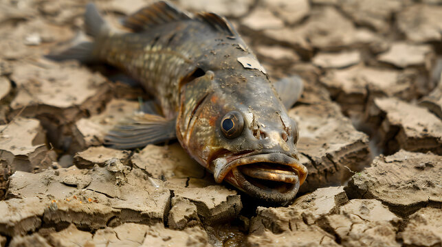 Environmental impact, Dying fish in dried riverbed showing environmental impact climate change and water scarcity issues