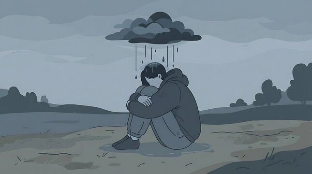 A depressed young person sitting alone outdoors under a dark rain cloud feeling lonely and sad