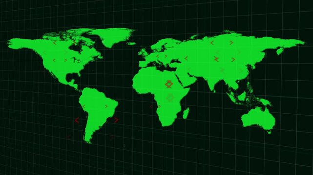 Green world map globe animation displays red diamond location markers. World map globe map overlay showcases green angle bracket symbols. Globe animation sequence is sleek.