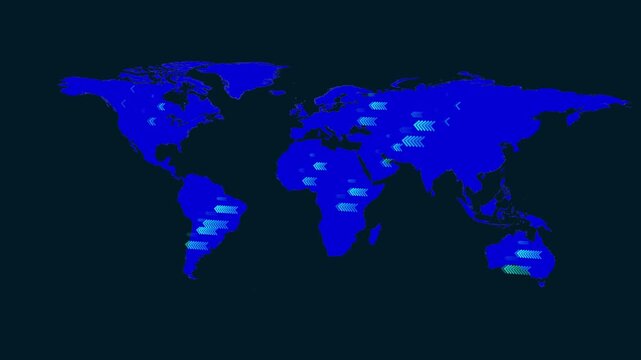 Blue world map globe animation displays light green arrow indicators. World map globe map layout features dark background overlays. Globe animation sequence is neat.