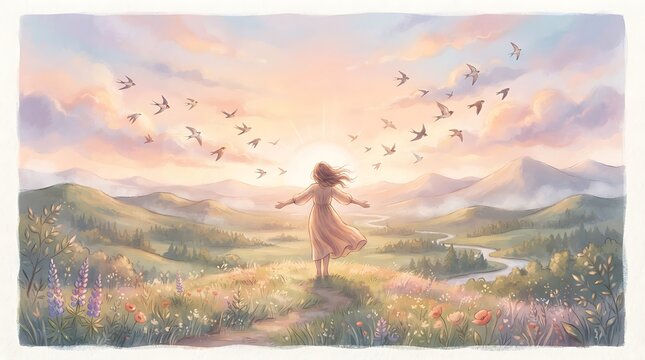 Woman standing on mountain hill with open arms facing sunset with flock of flying birds in soft pastel watercolor landscape