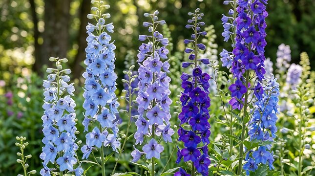 Beautiful tall blue and purple delphinium flowers blooming in a sunny garden during a bright spring summer day