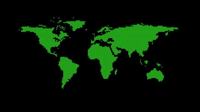 Green dotted world map globe animation loops on pitch black background. Dotted world map globe map model displays minimalist continent outlines. Globe animation loop is clean.