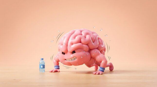 Vibrant 3D illustration of a determined brain character performing push-ups, symbolizing vigorous mental exercise, cognitive strength, and dedicated self-improvement