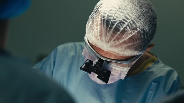 Focused surgeon wearing protective glasses, mask and surgical cap performs precise medical work. Concept of professional surgery, sterility and patient safety.