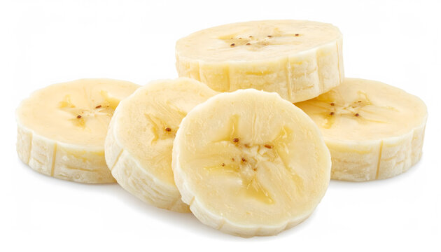 Fresh banana slices isolated on white background, healthy tropical fruit ingredient for food design and nutrition.