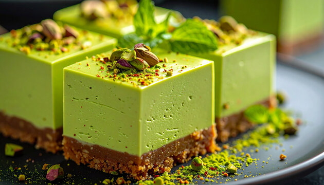 Pistachio mousse cube cake with sharp geometric edges and creamy texture