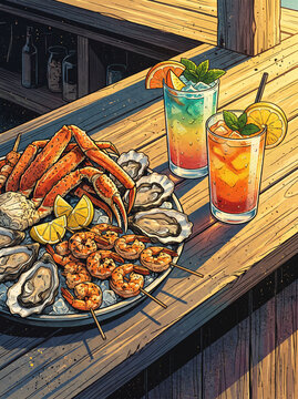 Vibrant digital illustration of a delicious summer seafood platter featuring large crab legs, fresh oysters, and grilled shrimp skewers beside tropical iced cocktails on a sunny wooden bar.