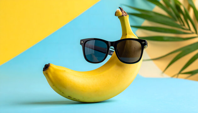 Funny banana wearing sunglasses on vibrant background, playful summer fruit concept with cheerful tropical vibe