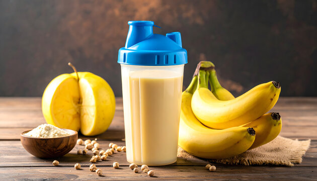 Fresh banana with protein shake on a wooden table, perfect for fitness nutrition and healthy lifestyle.