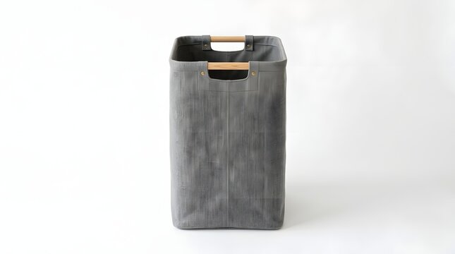Rectangular gray fabric laundry basket with gold handles on white background