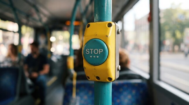Close up of a yellow stop button on a public bus
