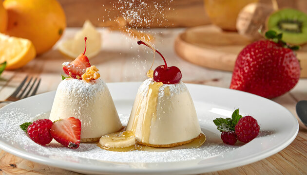Delicate icing sugar dusting on a fresh dessert, creating an elegant sweet treat with gourmet appeal.