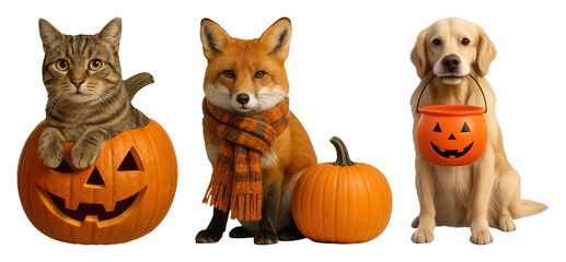 Fototapeta premium PNG Cute animals with pumpkins in Halloween theme, transparent background