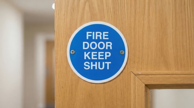 A blue circular fire door keep shut sign mounted on a wooden door