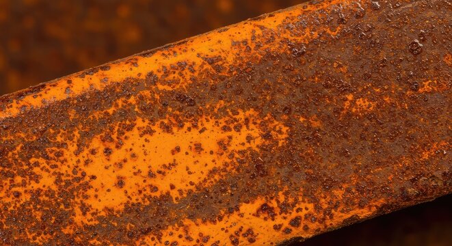 A detailed macro shot capturing the vibrant orange and brown corrosive texture covering a piece of exposed industrial steel undergoing chemical oxidation ,degradation ,oxidation ,closeup
