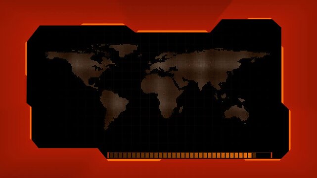 World map digital interface animation features orange progress bars. Map digital interface screen displays global telemetry tracking data. Interface animation is neat.
