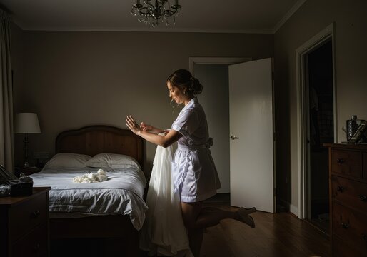 A playful bridesmaid dressed in a maid uniform helping the bride prepare for the wedding day ceremony celebrations and unique bridal party event ,uniform ,preparation ,maid