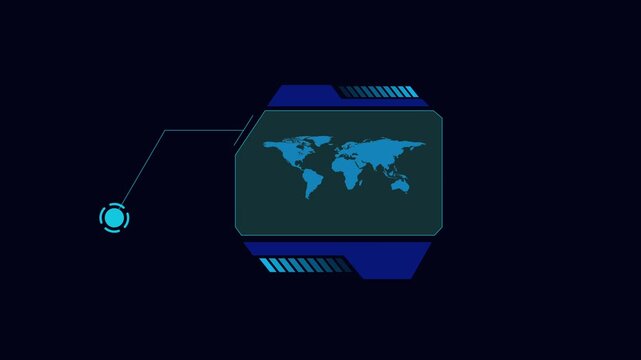 World map digital interface animation features blue callout items. Map digital interface minimal screen displays global callout notes. Interface animation loop is clean.