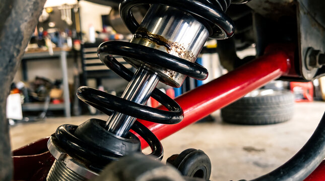 Performance car suspension shock absorber coilover system in mechanic auto workshop with suspension coilover automotive mechanic performance workshop engineering