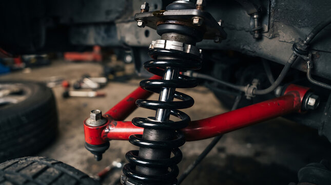 Close up view of car suspension component with black coil spring and red lower control arm, part of automotive repair process or upgrade in garage.