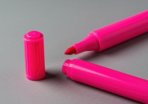Close-up studio shot of a neon pink marker and its cap emphasizing the bright, vibrant color often used for educational or professional document annotation ,concept ,knowledge ,preparation