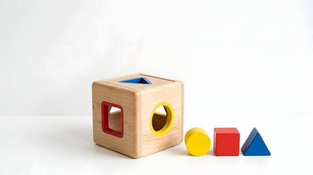 Wooden shape sorting cube displayed with geometric blocks on white surface