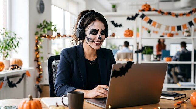 Businesswoman in skeleton face paint and headphones types on a laptop at a pumpkin-decorated desk during a playful corporate Halloween workday.