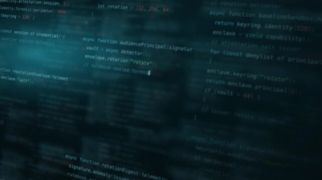 A captivating blurred code background showcasing a dynamic mix of cyan hues, featuring glowing identifiers, keywords, and numbers, creating a mysterious and high-tech atmosphere perfect for