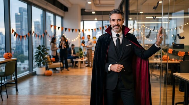 Halloween office portrait of a man in a suit and vampire cape standing in a decorated workplace and holding the cape open.