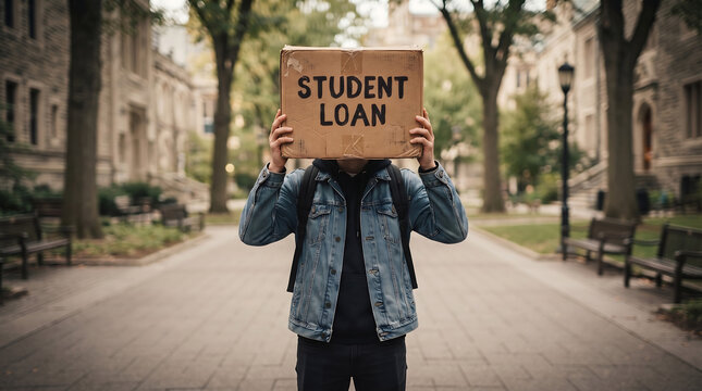 A student standing on a college campus holding a sign that says student loan with education university financial learning graduate struggle academic knowledge