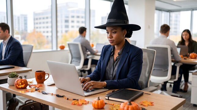 Businesswoman wearing a tall witch hat and navy blazer uses a laptop at a pumpkin-decorated desk while coworkers continue their office work behind her.