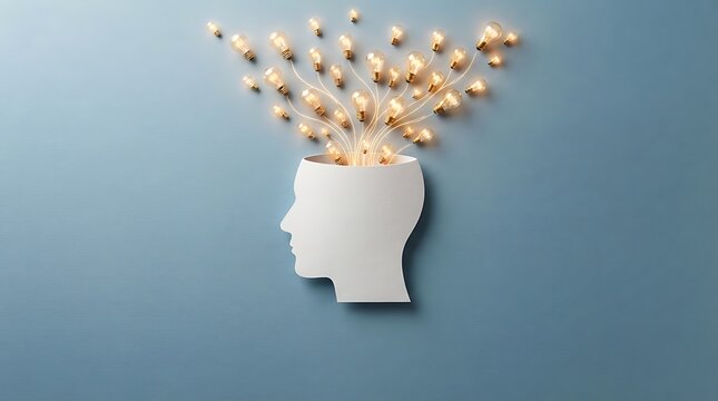 Innovative mind concept featuring a human head silhouette with glowing light bulbs for creative thinking and brainstorming ideas