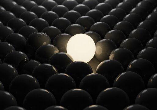 A solitary, bright, distinct sphere stands out dramatically from a large, monotonous arrangement of identical gray spheres ,isolated ,concept ,differentiation