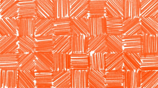 Bright orange chalk hatching texture with geometric square patchwork pattern.