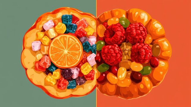 Seasonal squash brimming with colorful desserts taffy pieces citrus chews raspberry sweets jelly beans playful treats flat design top view harvest celebration theme cartoon drawing Split complementary